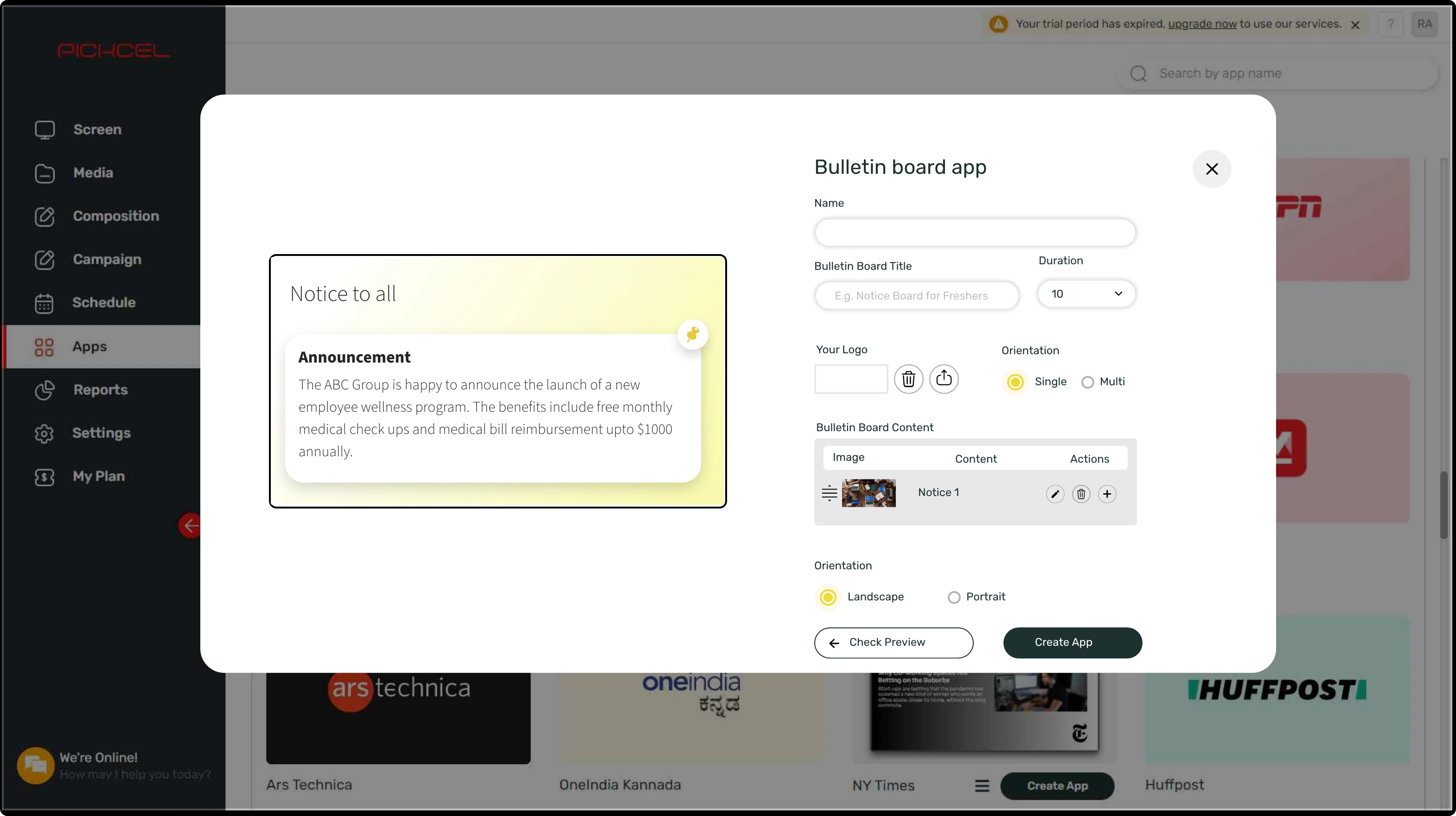 step 1 digital signage software interface showing bulletin board App configuration window with multiple options