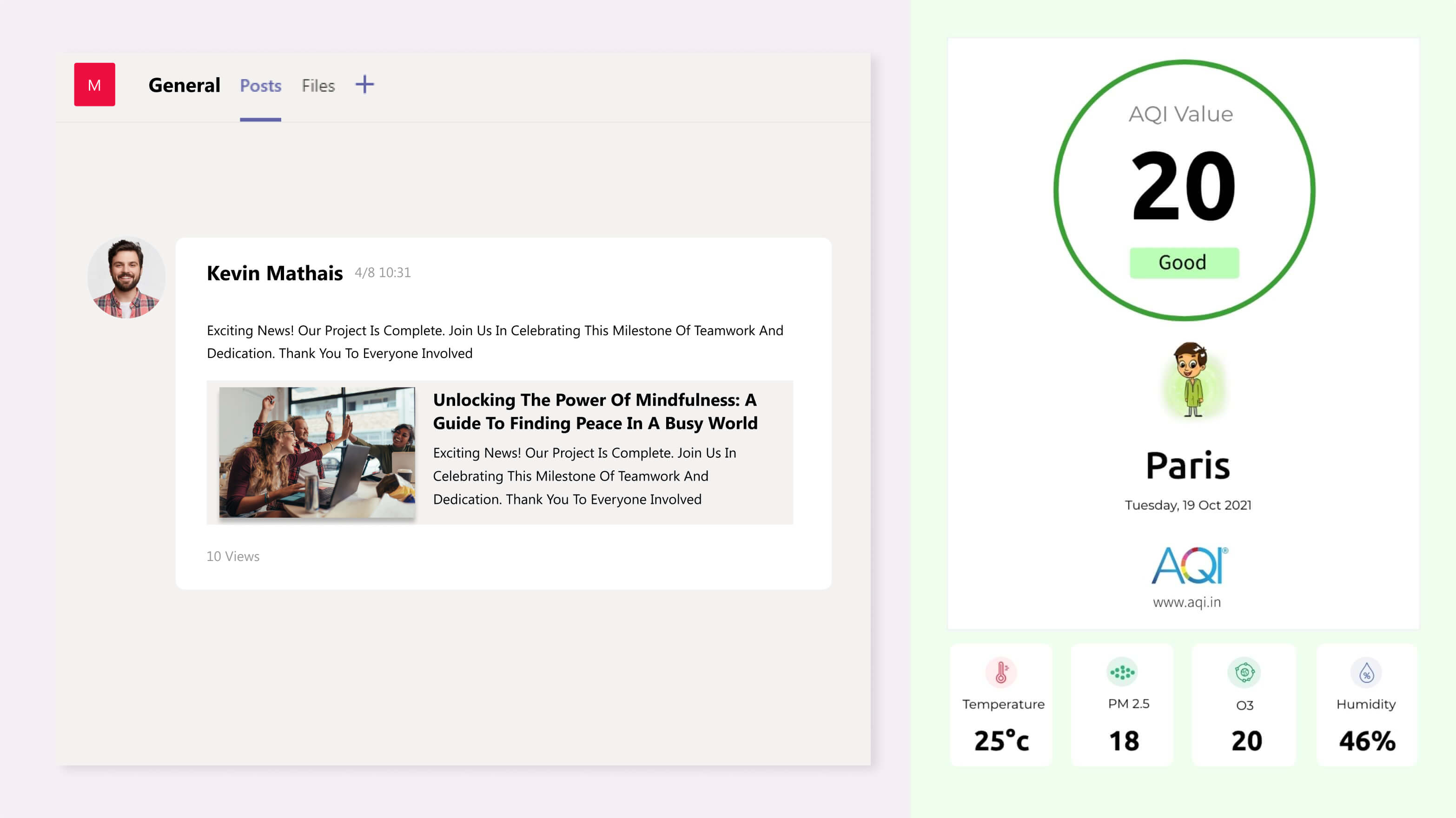 digital signage software interface showing composition layout with Slack app and AQI app contents