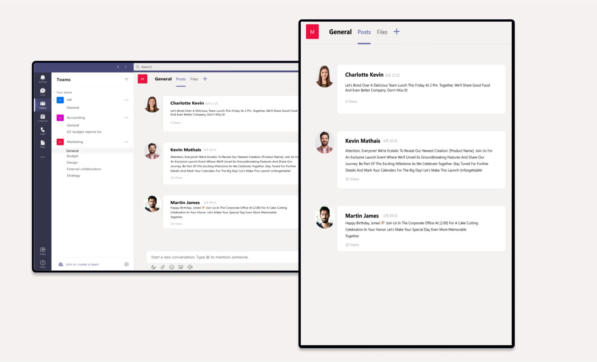 Slack app feed preview in digital screens with landscape and portrait layouts