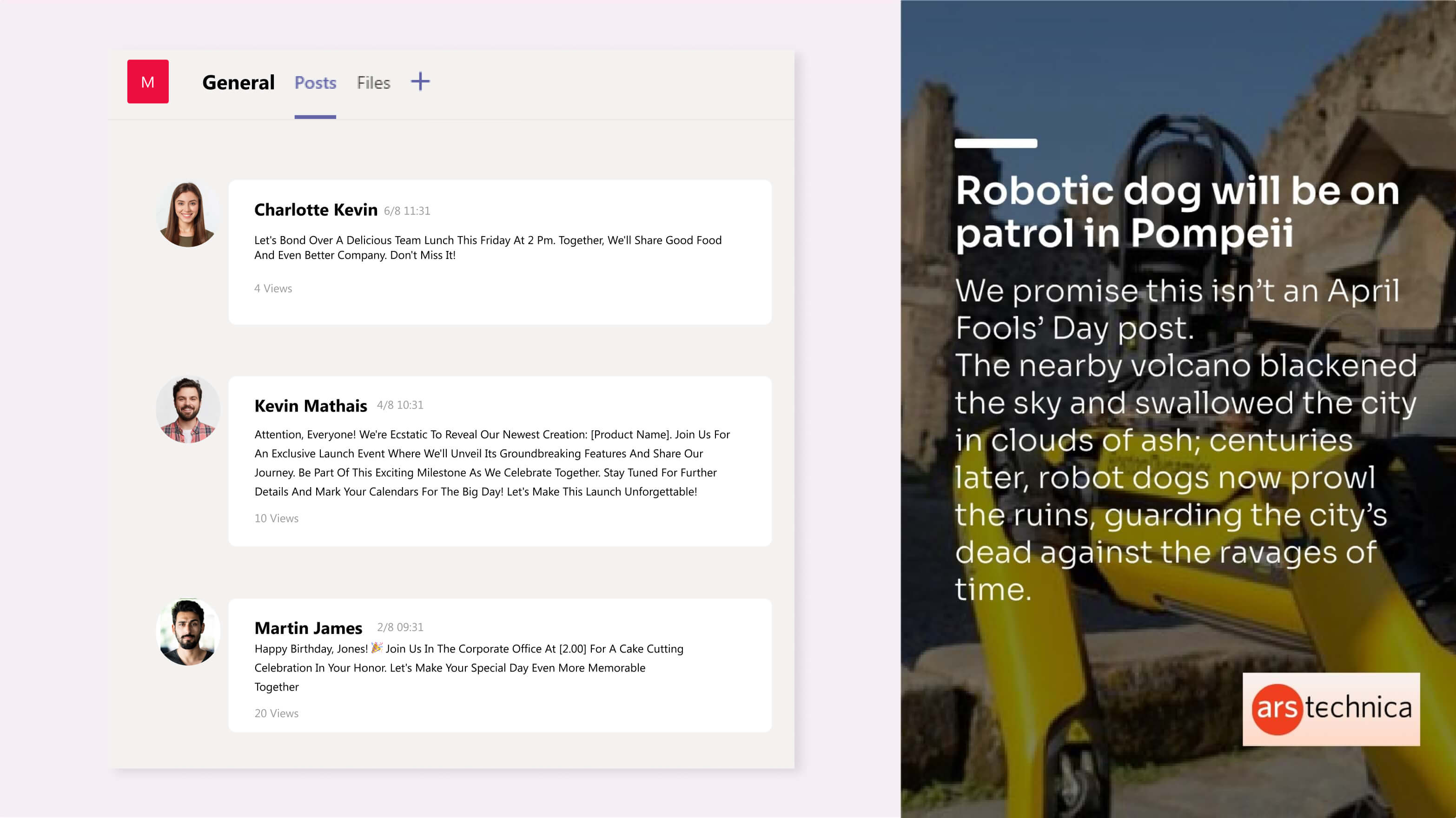 digital signage software interface showing composition layout with Slack app and ARS Technica News app contents