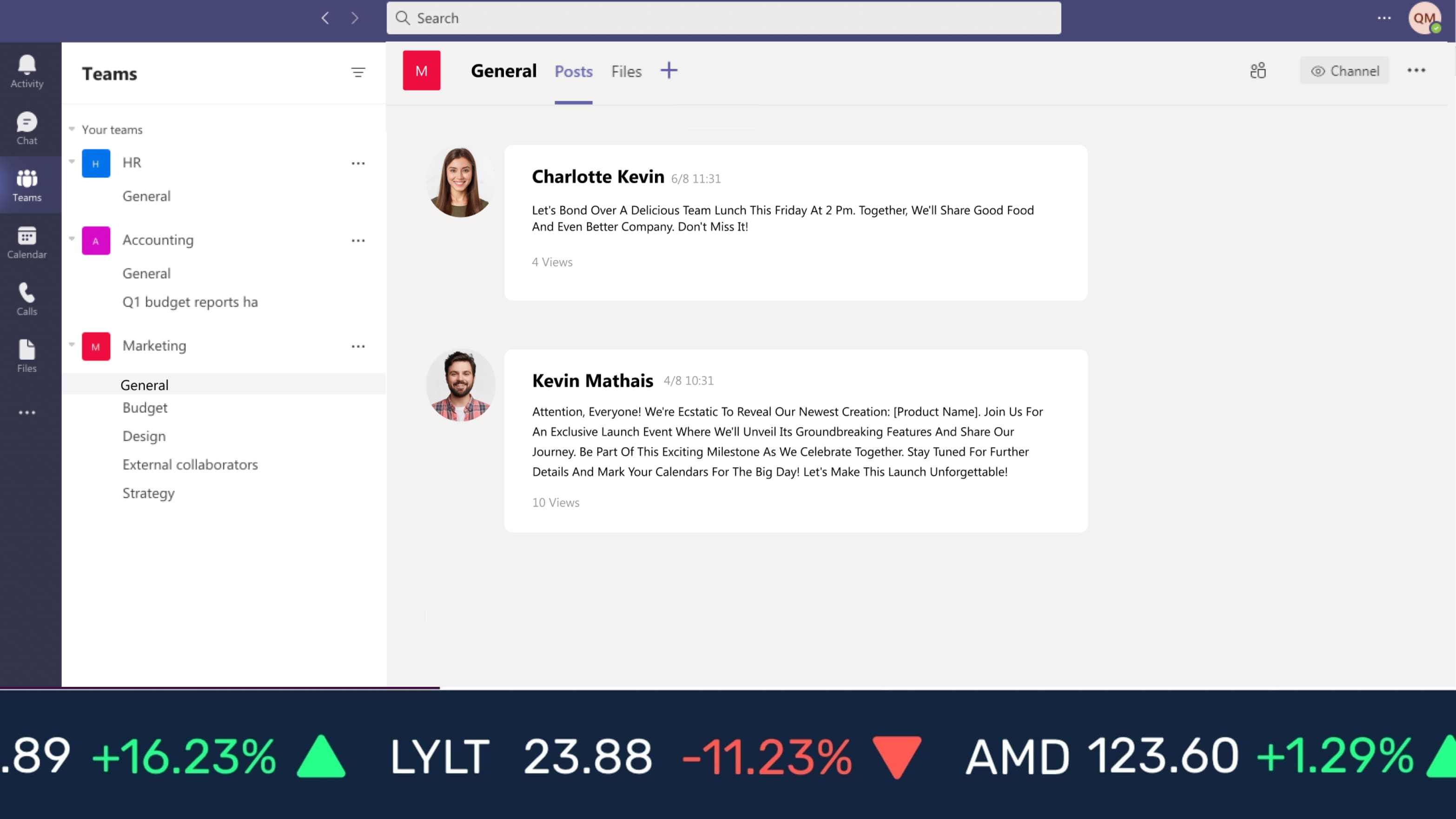 digital signage software interface showing composition layout with Slack app and Stocks app contents