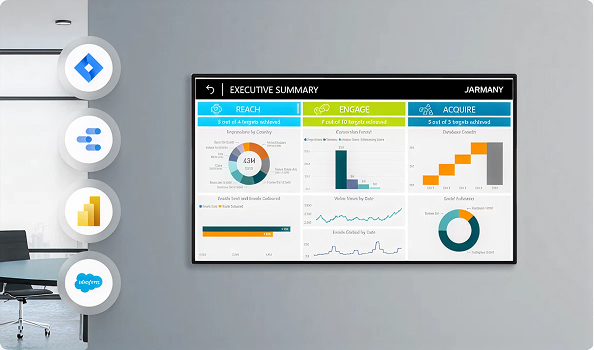 An office digital signage screen showing financing info