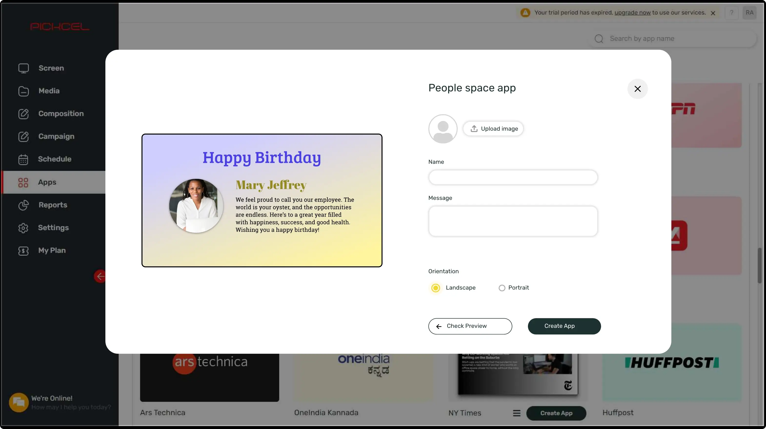 step 1 digital signage software interface showing People Space App configuration window with multiple options