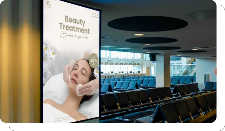 A digital signage screen showing client reviews in an office