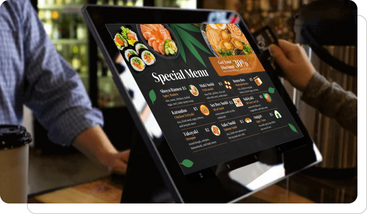 A digital signage screen showing client reviews in an office